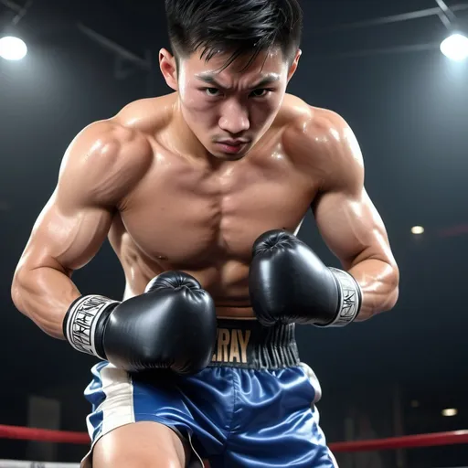 Prompt: high resolution, 4k, detailed, high quality, professional, wide view.
Sweaty muscle boxing guy. Big boxing gloves and boxing trunks. Asian young faces. Hook punches.