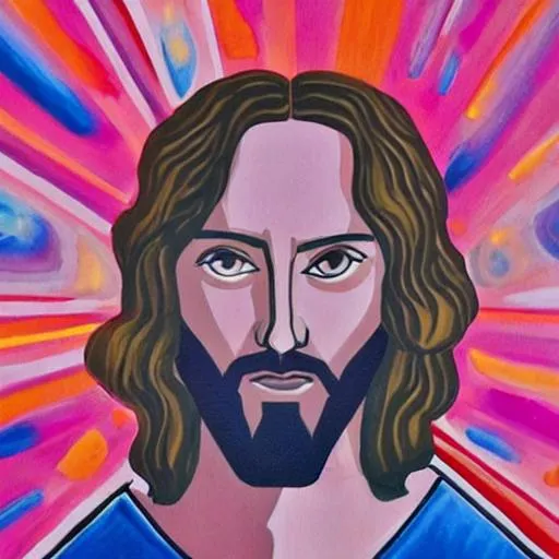 Prompt: A painting of jesus, in the center, star-war style, fashionable, cool, dark lighting, cosmo background