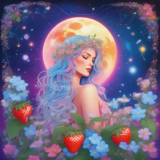 Prompt: A beautiful and colourful picture of Persephone with forget-me-not flowers, Baby's Breath flowers and strawberry plants surrounding her, framed by the moon and constellations in a Lisa Frank art style. 