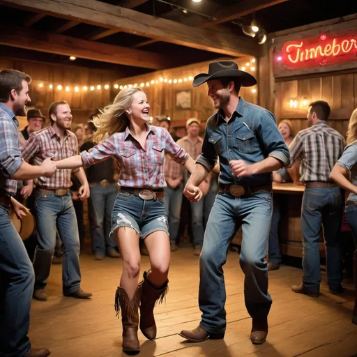 Prompt: In a lively honky-tonk bar on the outskirts of town, the atmosphere is electric with excitement. People of all ages gather around a wooden dance floor, moving to the infectious beat of country music. The walls are adorned with rustic decor, including old whiskey barrels, cowboy hats, and neon signs.

At the center of the dance floor, a couple stands out, dancing with energy and enthusiasm. The woman wears a stylish flannel shirt and cowboy boots, while the man sports a denim jacket and a big smile. Their movements are playful and carefree, reflecting the fun and spirited nature of the song "Timber."

In the background, a band plays on a raised stage, their music filling the air with a mix of guitar riffs, fiddle tunes, and catchy lyrics. The crowd cheers and sings along, adding to the lively atmosphere.

Overall, the scene captures the essence of "Timber," celebrating the joy of music, dancing, and letting loose in a down-to-earth country setting.