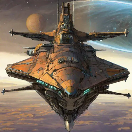 Prompt:  a scifi space frigate. detailed. proportionate. in Jim Burns style. rpg art. 2d art. 2d. detailed.
