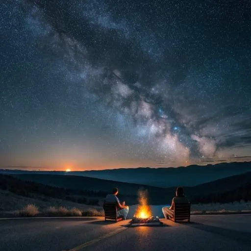 Prompt: long wide view photo highway, quiet, night, starry sky, full moon, serene atmosphere with the silhouette of the hills seen in the distance people who were sitting by the fire ultra hd