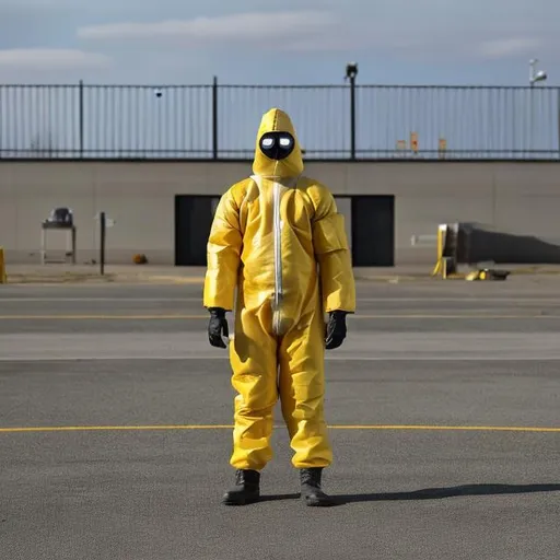 Prompt: Guy in a hazmat suit standing at an empty parking lot at day