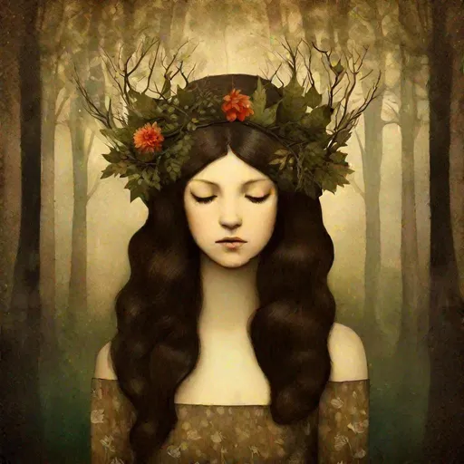 Prompt: forest nymph, brown hair, floral crown, trees, black leaves, detailed, intricate, christian schloe