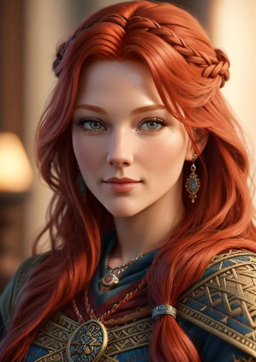 Prompt: highest quality stylized viking woman masterpiece, red hair, award-winning 3d oil painting art, perfect anatomy in perfect composition, long shot, hyper-realistic photography, intricate, 64k, UHD, HDR, (intricate eyes), extraordinary lips, subtle smile, gorgeous eyelashes, highly detailed face, hyper-realistic facial features, cinematic 3d volumetric, dramatic lighting with backlit backlight, by Julia Razumova