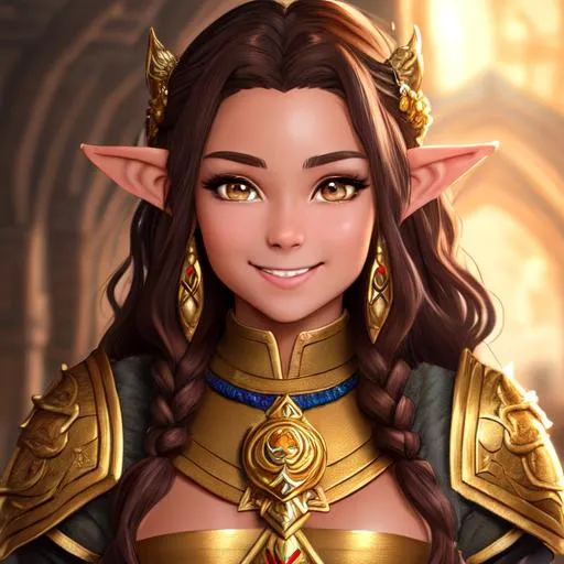 Prompt: oil painting, D&D fantasy, gold dwarf girl, tanned-skinned-female, beautiful, short bright dirty brown hair, wavy hair, smiling, pointed ears, looking at the viewer, cleric wearing intricate adventurer outfit, #3238, UHD, hd , 8k eyes, detailed face, big anime dreamy eyes, 8k eyes, intricate details, insanely detailed, masterpiece, cinematic lighting, 8k, complementary colors, golden ratio, octane render, volumetric lighting, unreal 5, artwork, concept art, cover, top model, light on hair colorful glamourous hyperdetailed medieval city background, intricate hyperdetailed breathtaking colorful glamorous scenic view landscape, ultra-fine details, hyper-focused, deep colors, dramatic lighting, ambient lighting god rays, flowers, garden | by sakimi chan, artgerm, wlop, pixiv, tumblr, instagram, deviantart