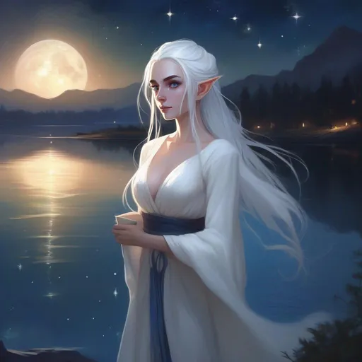 Prompt: dnd a female elf with long white hair in a loose bun and blue eyes wearing a long white dress near a large lake on a starry night