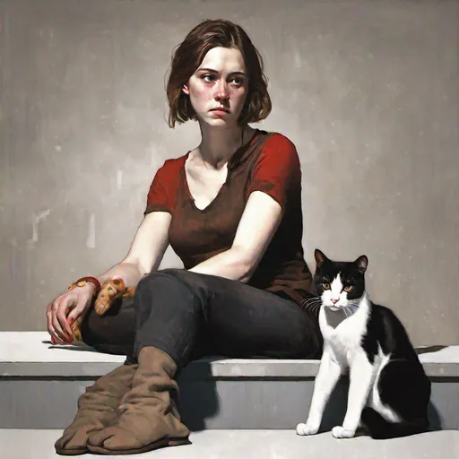 Prompt: a realistic photo of a crying 25 years old woman human with shoulder-length brown hair,  forward with her legs dangling over the edge of the stage which is lit in red and gold, she is staring sadly into her lap while a cat approaches her from her left and the cat touches her arm with his paw. The cat's colors are black and white with cow pattern but it is translucent like a ghost. high resolution. 4k. realistic. 
victorian