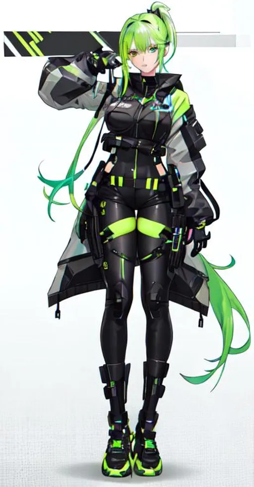 Prompt: She has a long, distinctive neon-green that fades to neon-blue hair in a ponytail, heterochromia eyes, 
