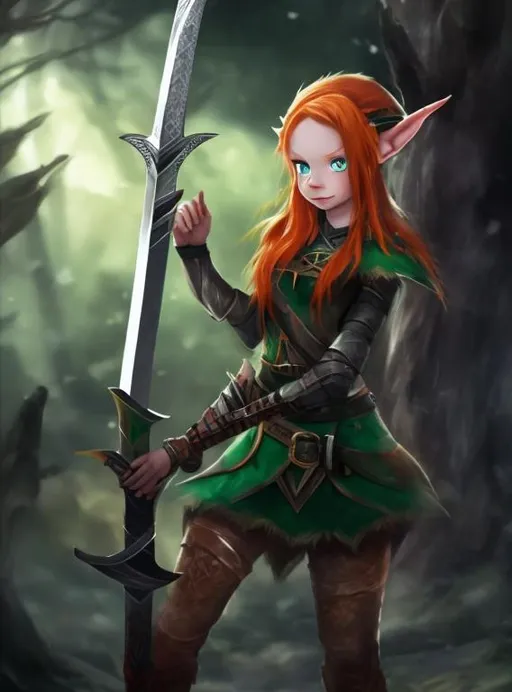 Prompt: cute ginger elf girl holding a sword