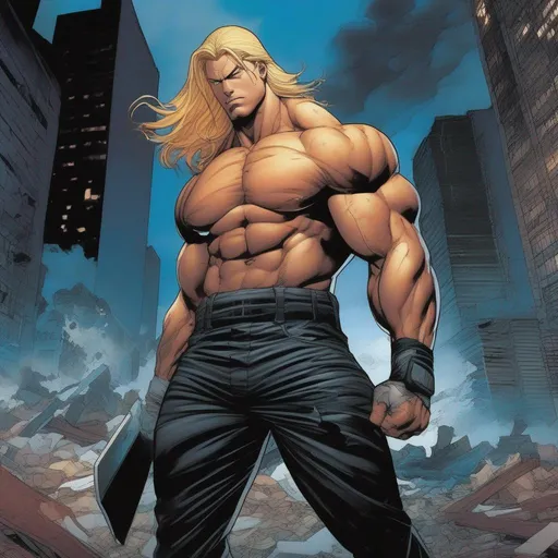 Prompt: Luther Strode, a muscle-bound figure with bulging veins and a determined expression, locked in a fierce battle against Rick Taylor, a dark, brooding character with a mysterious aura. They stand in the center of a desolate city street, surrounded by crumbling buildings and piles of debris. The sky above is shrouded in dark storm clouds, crackling with bolts of lightning that illuminate the scene with an eerie glow. Luther Strode wields a pair of gleaming silver blades, each emitting a faint blue aura, while Rick Taylor brandishes a wicked-looking chainsaw, its teeth dripping with blood. As they clash, sparks fly and shattered asphalt fills the air, creating a dynamic and intense atmosphere.