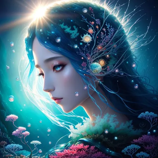 Prompt: painting of a water spirit, deep ocean, seaweed, an intricate and hyperdetailed matte painting by Ekaterina Savic, yoshitaka amano, fantasy art, movie poster, celestial, vaporwave, ethereal, sun rays, fireflies, lighting 8k