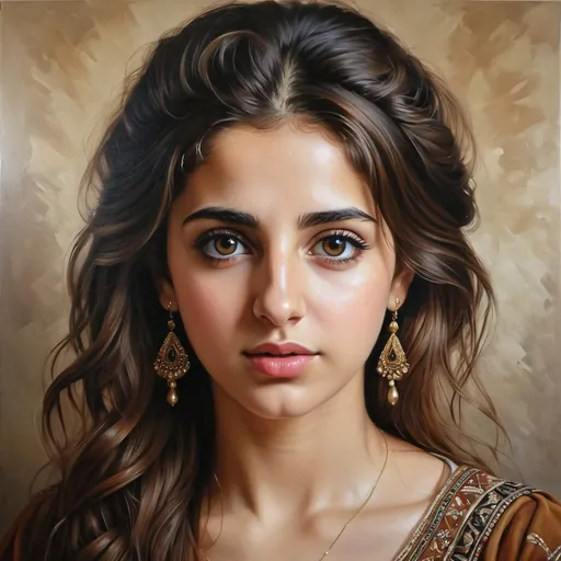 Prompt: Young Syrian women, oil painting, hyper realistic, high details, symmetric, perfect eyes, perfect hair, beautiful, dark greek eyes, brown hair,  beautiful dress,
