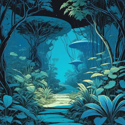 Prompt: Blue Alien jungle with a lot of trees and vines, moving plants, in the style of Moebius