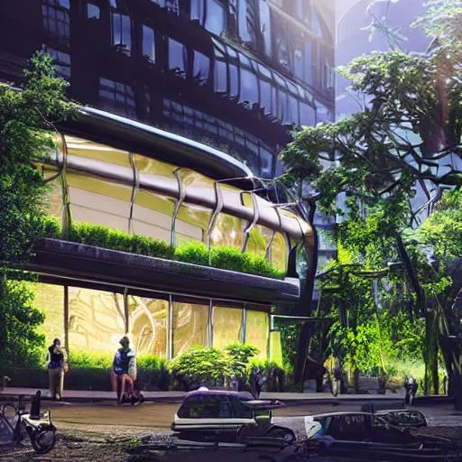 Prompt: photorealistic nature futuristic building front facing in city center Storefront, Cafe, Sunny Day, Realistic, Lush, Green Forest, Many Trees, With A Path, Nature, Wildlife, High Resolution, 4K, Futuristic Dystopian City, Thunder In The Night Sky, Sparks, Realistic, Absurd; early morning, summer, cinematic lighting, detailed digital illustration, procreate, hyper realistic, highly detailed, Singapore inspired, 16k