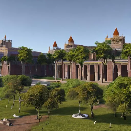 Prompt:  university, inspired by stanford university with elements of Kongo kingdom architecture inspiration, volumetric natural light, ultra realistic, vray, far view, perspective landscape