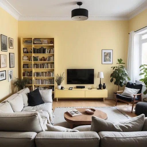 Prompt: The living room is painted a soft light yellow, which make it super cozy. In the center, there’s a big couch covered in soft pillows and a wooden table sits in front. There’s a bookshelf filled with books and some fun decorations. In one corner, there’s a armchair with a soft black blanket . The TV is mounted on the wall and a few potted plants by the windows.