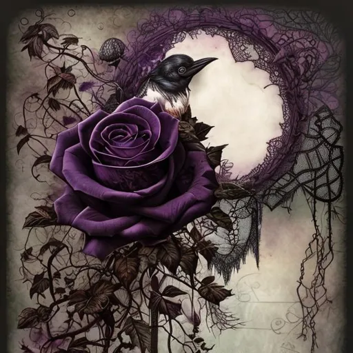 Prompt: "Dark purple rose with raven, lace brown leaves, vines, white background, surreal, detailed, christian schloe"