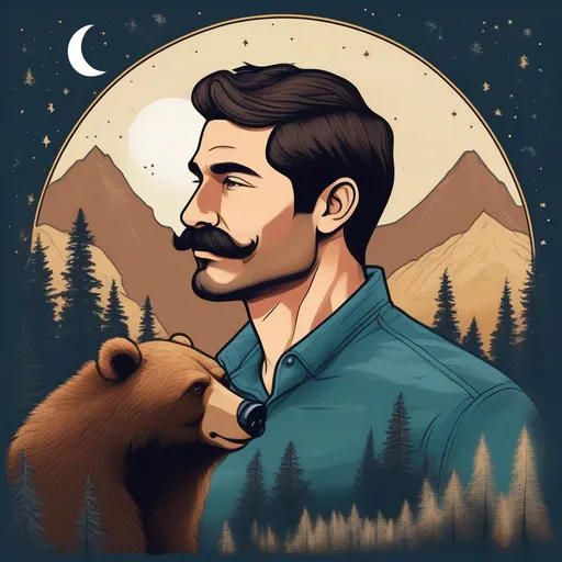 Prompt: A colourful and beautiful profile picture of a handsome brunette man with a mustach surrounded by a brown bear, Sitka Spruce trees,  and Canadian geese, and framed by mountains, the moon and constilations.