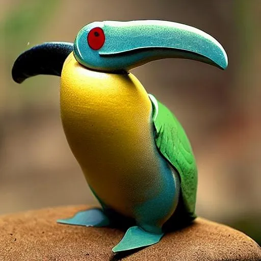 Prompt: A small, hybrid, legless avian with a human head, two narrow cream eyes, and a toucan beak.
It has a thick neck, and it has six short, muscular arms. It has a muscular torso with a concave stomach, a banded waist and a worm lower body. and a dolphin tail. It is mostly ochre with lime green swirls, with sandy brown sections and sandy yellow highlights, while its head is chocolate brown with lime green diamonds.

