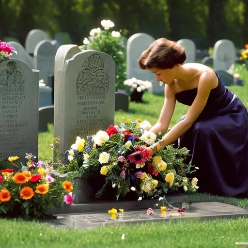 Prompt: Beautiful woman laying flowers on a grave style of Brothers Hildebrandt