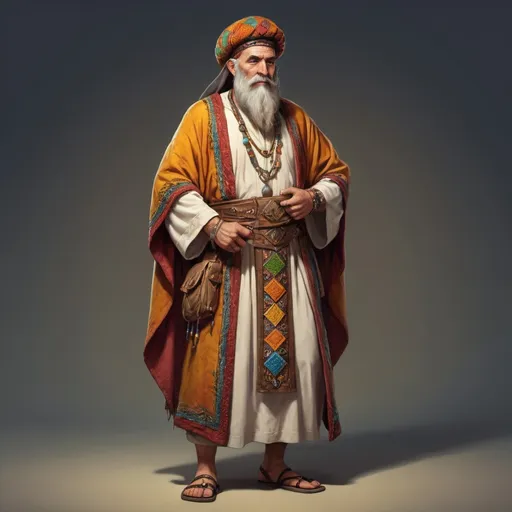 Prompt: Full body, Fantasy illustration of a elderely wizard, oliv skill, braided beart, rich and decorated mesopotamian robe, amiable expression, colorfull, high quality, fantasy, fez, male