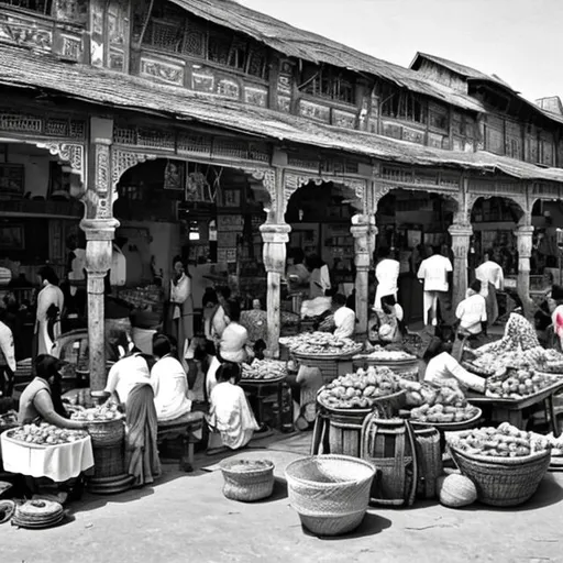 Prompt: Old times, black and white, pre-colonial, Indian market