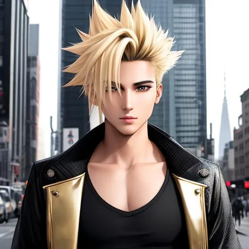 Prompt: A striking photo manipulation of Portrait of Yami Yugi, male black and blonde mixed hair, digitally inserted into a real-world setting such as New York City or Tokyo. He should be shown walking down the street, looking confident and determined. The surrounding environment should be slightly surreal and dreamlike, with elements of ancient Egyptian art mixed in. Use a shallow depth of field to draw attention to Yami Yugi himself.