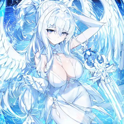 Prompt: a beautiful cute girl with white hair, and lights on her body which is light blue. with white angel like wings, and ocean like white clothing which is fancy. at an ocean. a ocean aura around her, and fluffy hair. with a fancy and glorious weapon in her hand. with her are in a cobra bun, with fancy accessories and vampire like teeth.