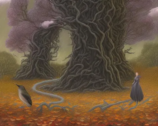 Prompt: ART DECO AUTUMN TREES, falling leaves, birds, hills, wind, clouds, castle, AURIKA PILIPONIENE IRA KENNEDY MARCI MCDONALD HOLAKANOLA MARIA SERAFINA DEBBIE CRISWELL victo ngai henri rousseau vladimir kush Arief Putra Anita Inverarity Alenka Sottler Itzchak Tarkay remedios varo