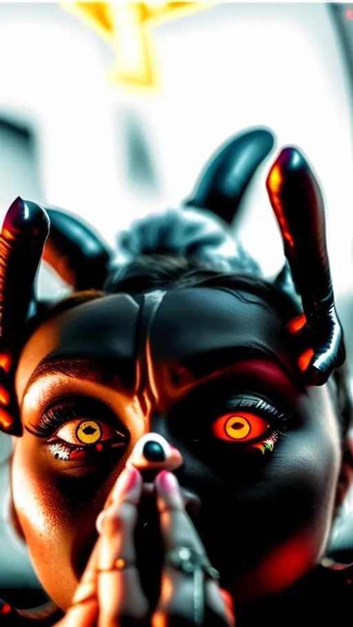 Prompt: Woman has devil horns and black eyeballs with a devil's tail.