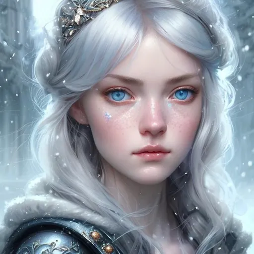 Prompt: Closeup face portrait of a scottish princess 15th century white hair and slate blue eyes smooth soft skin, small shallow eyes, beautiful intricate colored hair, symmetrical, snowing, soft lighting, detailed face, by makoto shinkai, stanley artgerm lau, wlop, rossdraws, concept art, digital painting, looking into camera