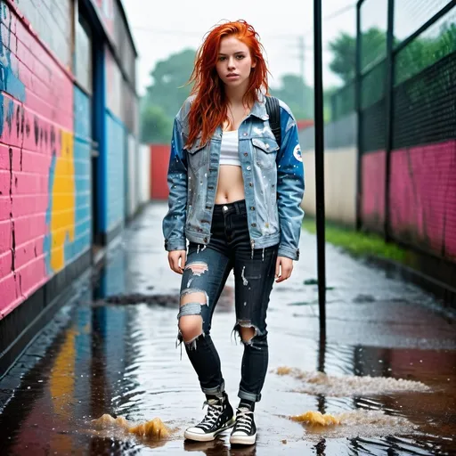 Prompt: photo of young woman, soaking wet clothes, Converse high tops, Very dirty full length ripped jeans with grease stains and splattered paint, Soaked ripped denim jacket, vey dirty,  , Redhead Standing in the pouring rain,   enjoying, water dripping from clothes, clothes stuck to body,  detailed textures of the wet fabric, wet face, wet plastered hair,  wet, drenched, professional, high-quality details, full body view , Front view