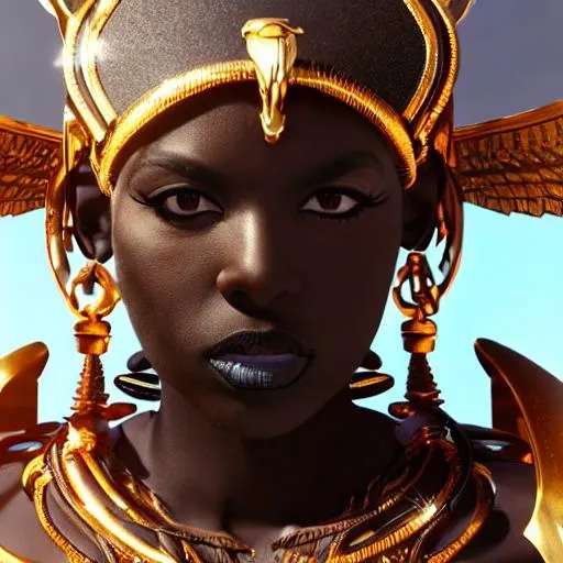 Prompt: low-angle close up portrait of dark melanin Egyptian woman wearing a extremely detailed warrior armor, glossy black porcelain +carbon-fiber scales + angel wings, beautiful lighting, cables, ultra realistic, Unreal Engine 5, realistic CGI, cover, sfx, vfx, fog, cinematic, 32k