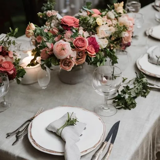 Prompt: Dinner party with beautiful flowers, specialty linen tablecloth, linen napkins, fancy food and wine that costs $20,000.