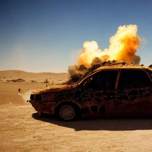 Prompt: car in a desert explosion 