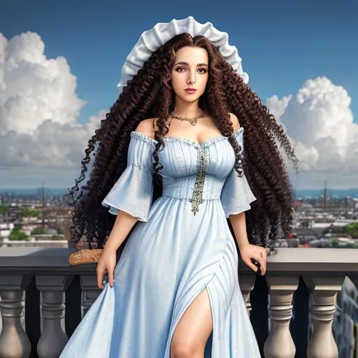 Prompt: a woman with long curly hair by Mark Summers.  +symmetrical eyes, +fine lines, +eyes, +mouth, +hands, +feet,
+long modest dress, 
+weather and clouds,
+HDR, +8k, +UHD, 
+Ensure good overall design,
+Ensure good overall composition,
+Ensure good proportions,