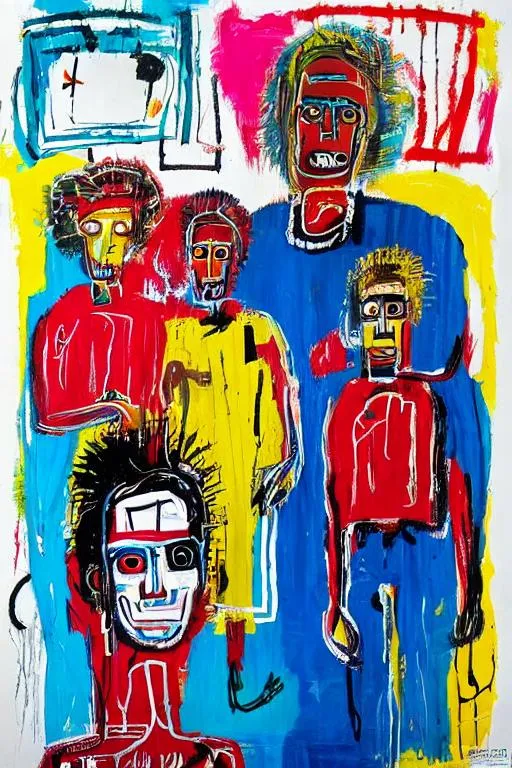 Prompt: paint a full colour picture of a blonde family of 5 in the style of jean michel basquiat