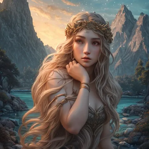Prompt: (Masterpiece:1.1, Highly detailed:1.1), utra realistic style, 4K UHD, wide shot, (top quality) (depth of field) (cinematic shot), ancient goddess of olympus, mountains, riverside, instagram able, 1girl, holy light background, 2D illustration, reflactions, long hair, blonde hair, dark blue eyes, fullbody view, centered, (Epic composition, epic proportion).