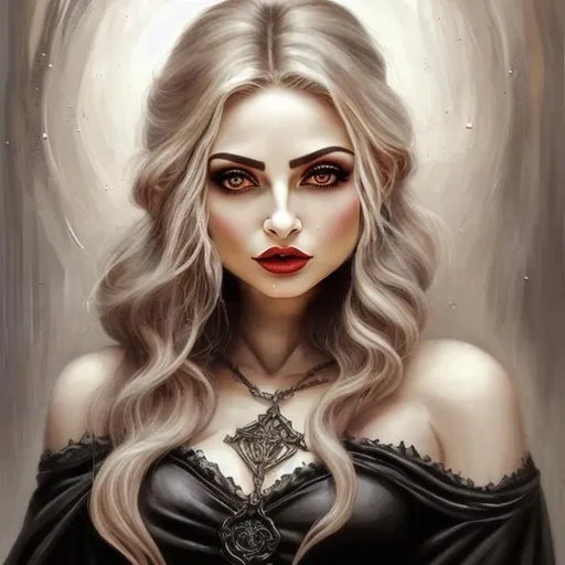 Prompt: beautiful gnome wizard casting demonic magic, black gothic robes with cleavage, in the style of Cris Ortega and Luis Royo, oil painting, high quality, black dress with deep cleavage, very detailed, beautiful female pathfinder gnome, gnome wizard, big expressive eyes, big adult angular face, small body, prominent visible eyes, blonde hair, yellow amber eyes, Phoebe Tonkin, Alexandra Daddario, Ariana Grande, Natalie Portman, Nicole Kidman