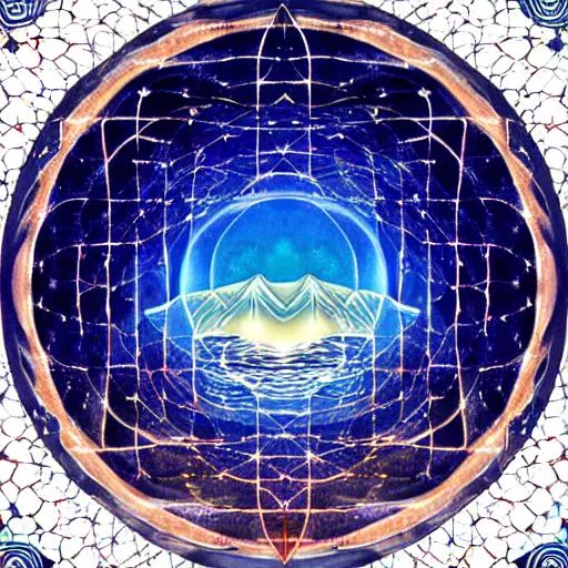 Prompt: Sacred geometry reflected on an ocean scene with an island and sun setting behind the island and a starry night sky with a face of AI represented in the sky looking down