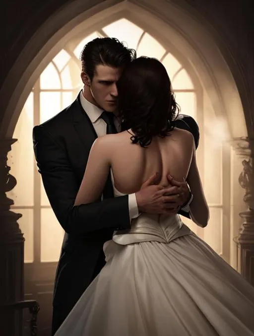 Prompt: romance book cover. dramatic light. A man with suit try to hug a woman from the back