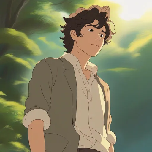 Prompt: ghibli movie character based off of harry styles in 2014, consistent lighting and mood throughout