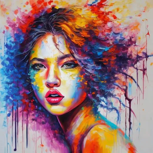 Prompt: “Capture the intense passion of a young, beautiful female artist as she passionately paints a vibrant masterpiece on a large canvas. Portray her eccentric creativity and intensity in every stroke.”