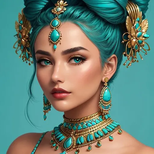 Prompt: An extremely gorgeous woman,  with top knots full of turquoise jewels, in color scheme of turquoise and gold