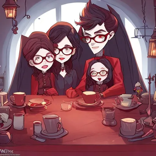 Prompt: cartoonish like a childrens book. Two vampire parents with their vampire daughter, sitting at the kitchen table. Empty plates are on the table. glasses of blood red liquid.