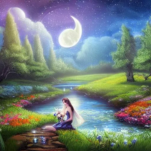 Prompt: Realistic, moon, flowers, nighttime, fairy cottage,  bubbling stream,  8k, has beautiful Human-like fairy laying on the meadow, in the center of the portrait, staring at the moon in a beautiful gown, beautiful fantasy landscape, realistic and natural, cosmic sky, detailed full-color, 
