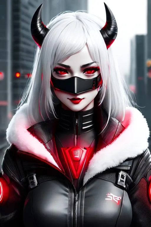 Prompt: Cyberpunk, HD, 8K, Look at camera, Black Mask, grey skin, Horns, White long red, female, Fangs