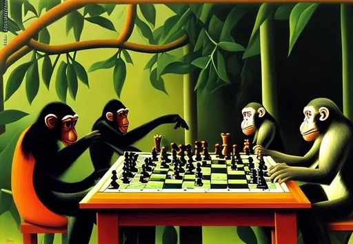 Prompt: Monkeys playing chess oil painting in style of henri Rousseau 