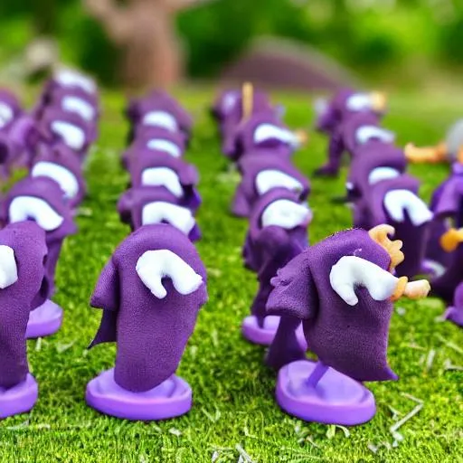 Prompt: army of purple mice in cheese suits